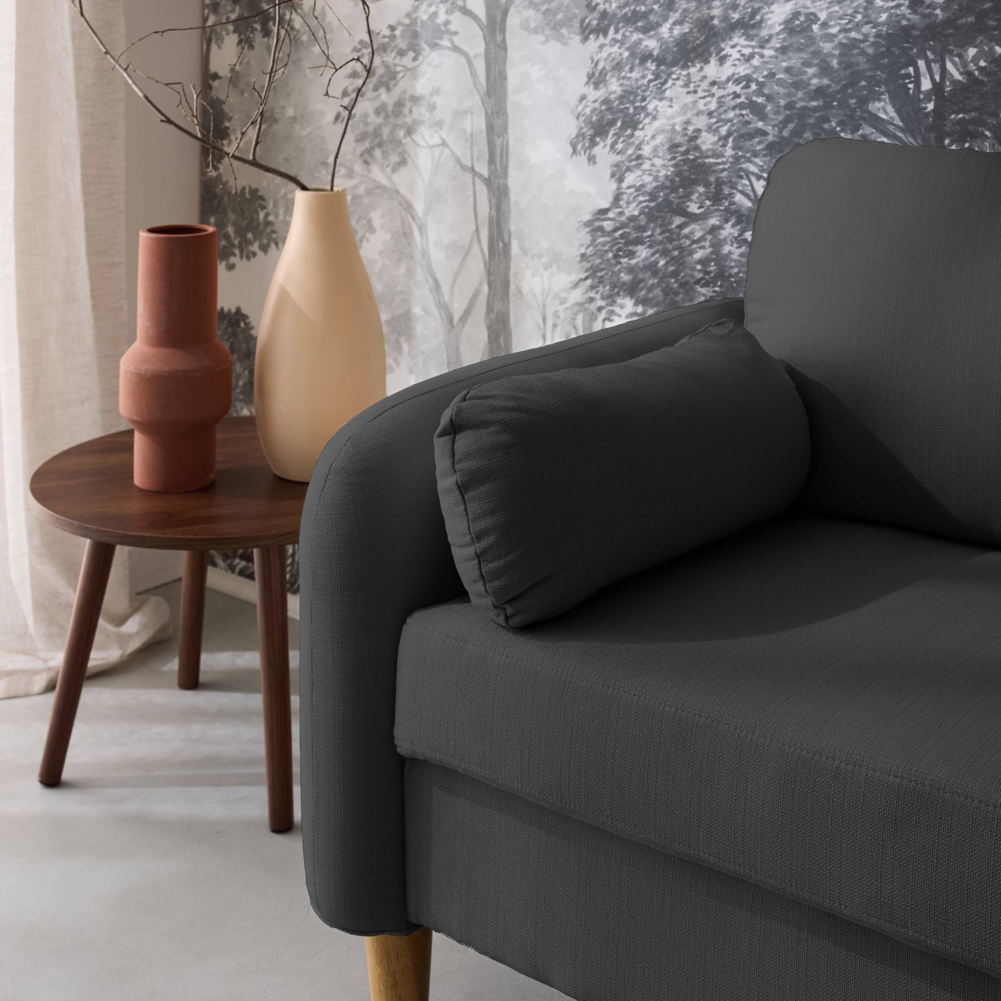 Canapé 2 places scandinave arrondi tissu gris foncé pieds bois d'hévéa