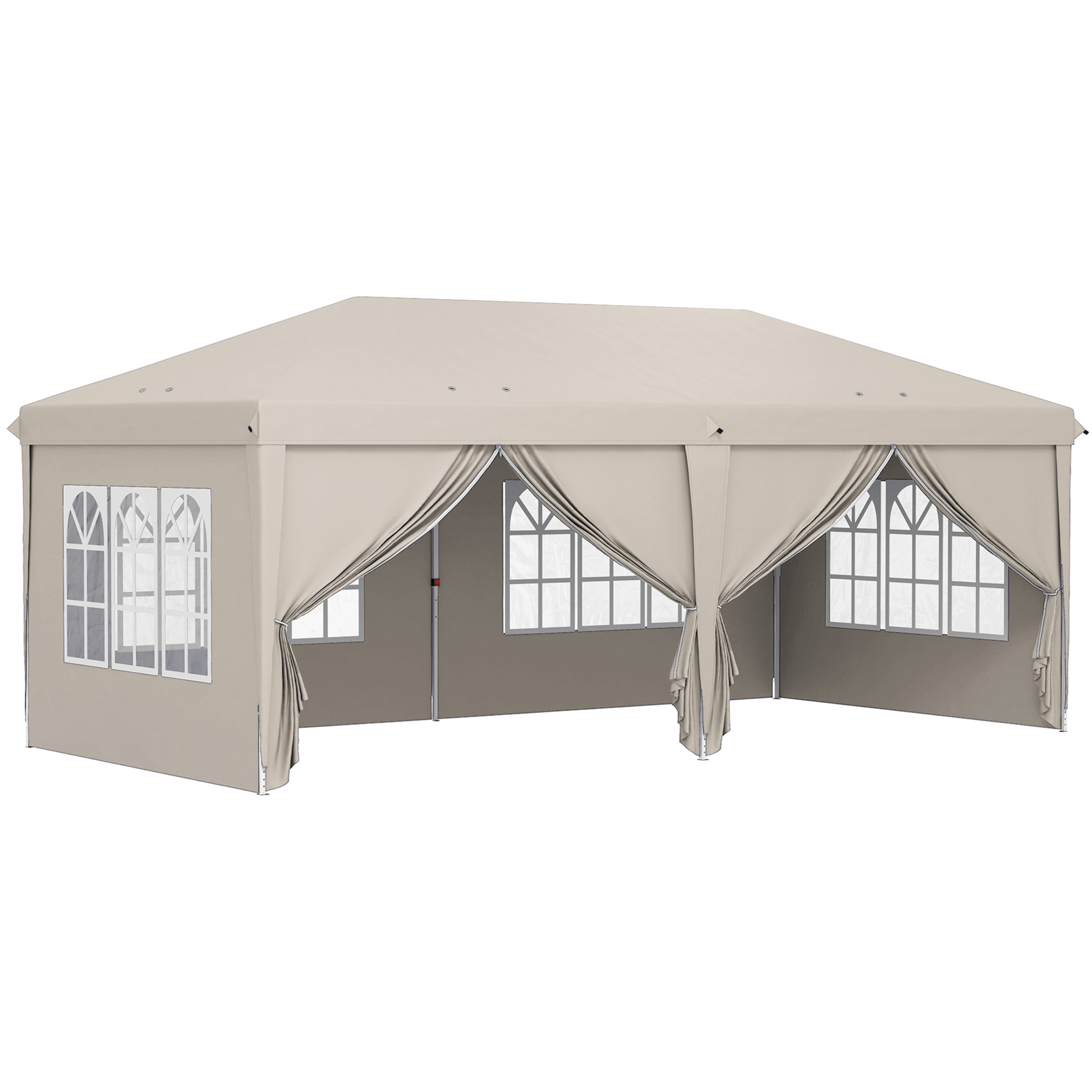 Tonnelle barnum pliant pop-up imperméabilisé 5,85L x 2,95l x 2,7H m 6 parois latérales amovibles 4 fenêtres + sac de transport beige