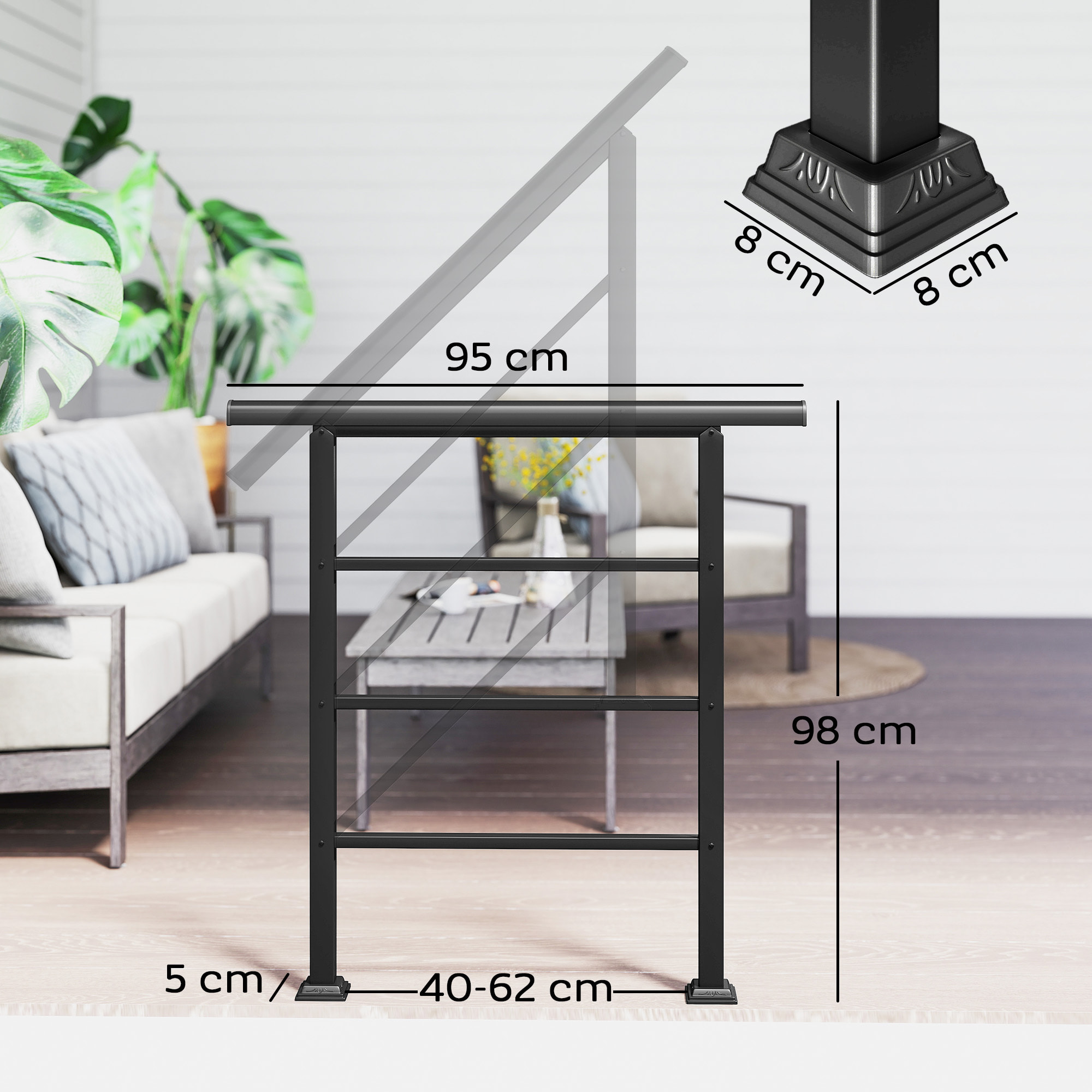 Barandilla de Escalera, 95 cm, Pasamanos para Escalera con Kit de Instalación, Ángulo Ajustable para 1-3 Escalones, para Porches, Madera y Concreto, para Exterior, Terraza, Patio, Negro
