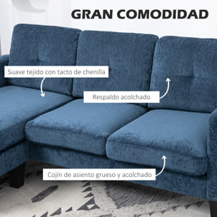 Sofá Esquinero Sofá en Forma de L Tapizado en Poliéster Chaise Longue Reversible con 3 Cojines para Salón Carga 180 kg 186x130x84 cm Azul