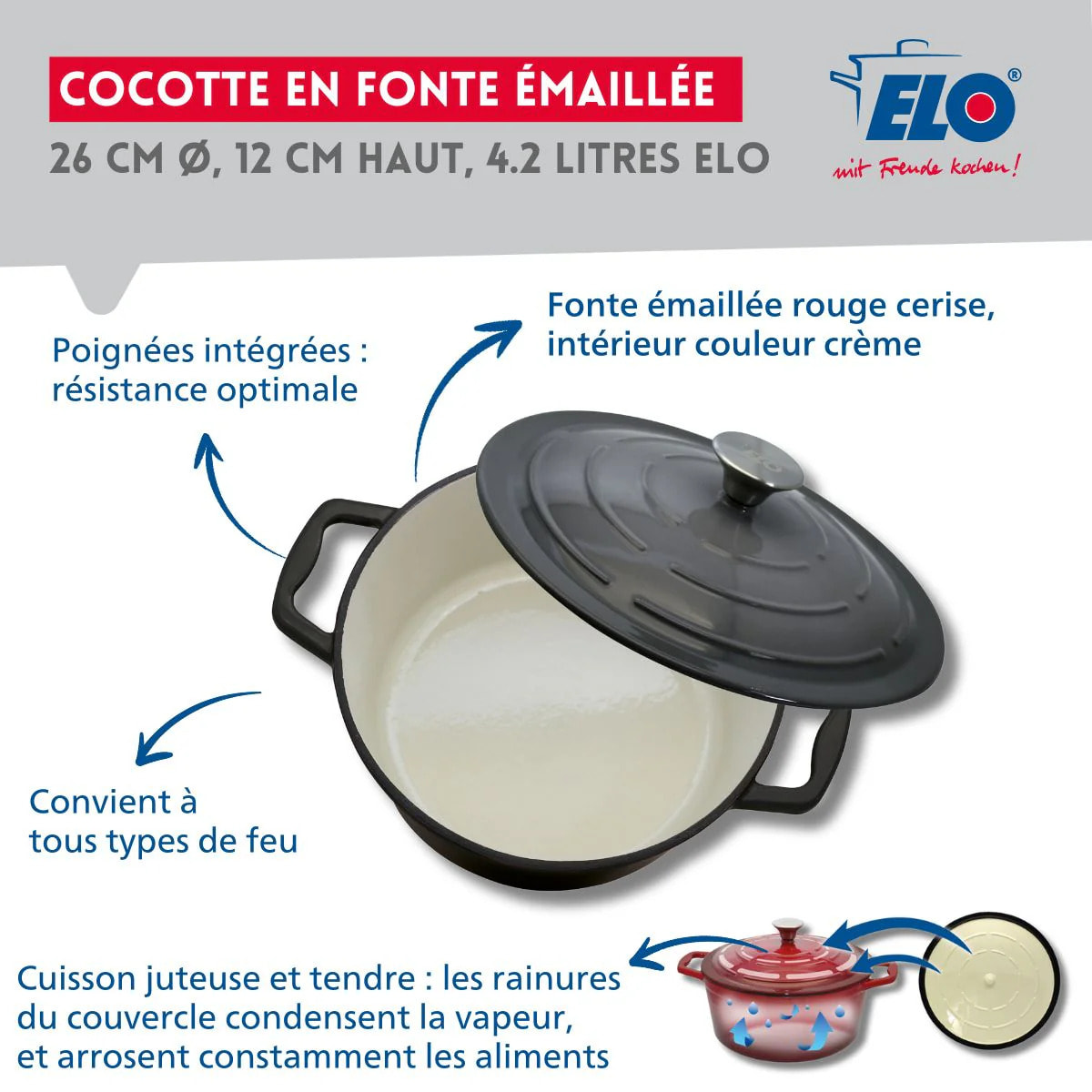 Cocotte 26 cm en fonte émaillée gris classique 4.5 L Elo