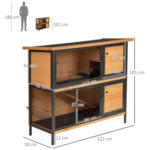 Conejera de Madera de 2 Niveles Jaula para Conejos con Techo Asfáltico Abatible Puertas con Pestillo Bandejas Extraíbles y Rampa Conejera para Exterior 122x50x101 cm Natural y Negro