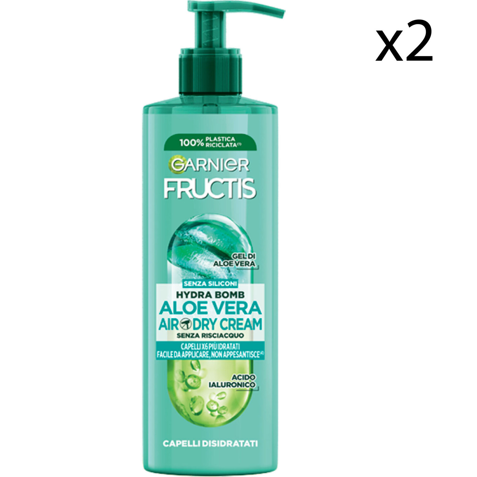 2x Trattamento Idratante Senza Risciacquo per Capelli Normali Fructis Hydra Bomb Air-Dry Cream con Aloe Vera e Acido Ialuronico - 2 Flaconi da 400ml