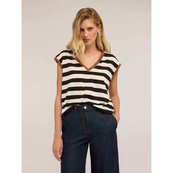 Motivi - T-shirt smanicata a righe - Nero