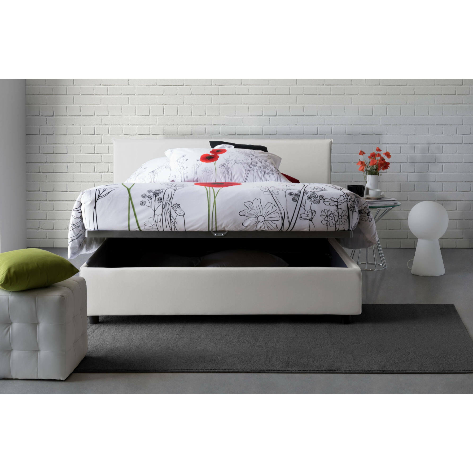 Letto matrimoniale Ariadni, Letto contenitore con rivestimento in tessuto, 100% Made in Italy, Apertura frontale, con materasso Cm 160x200 incluso, Bianco