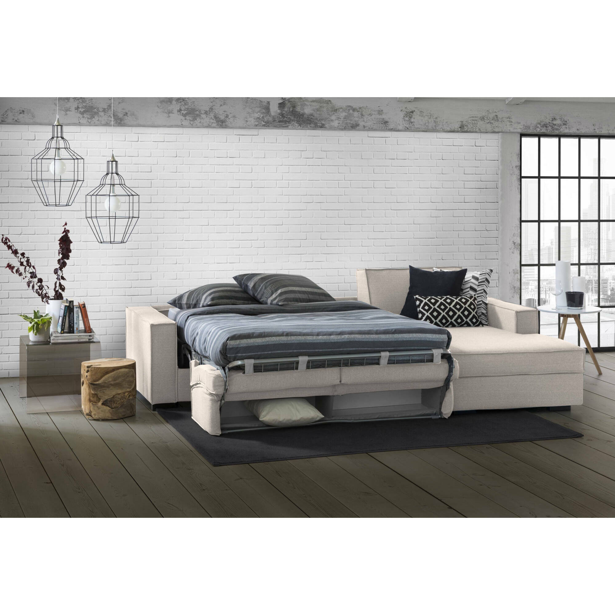 Divano letto con penisola Achico, Sofà con penisola contenitore Destra, Braccioli standard, 100% Made in Italy, Cm 280x95h90, Tortora