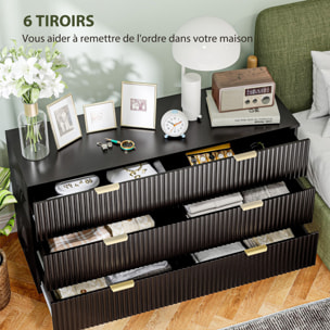 Commode 6 tiroirs design effet cannelé piètement poignées métal doré noir