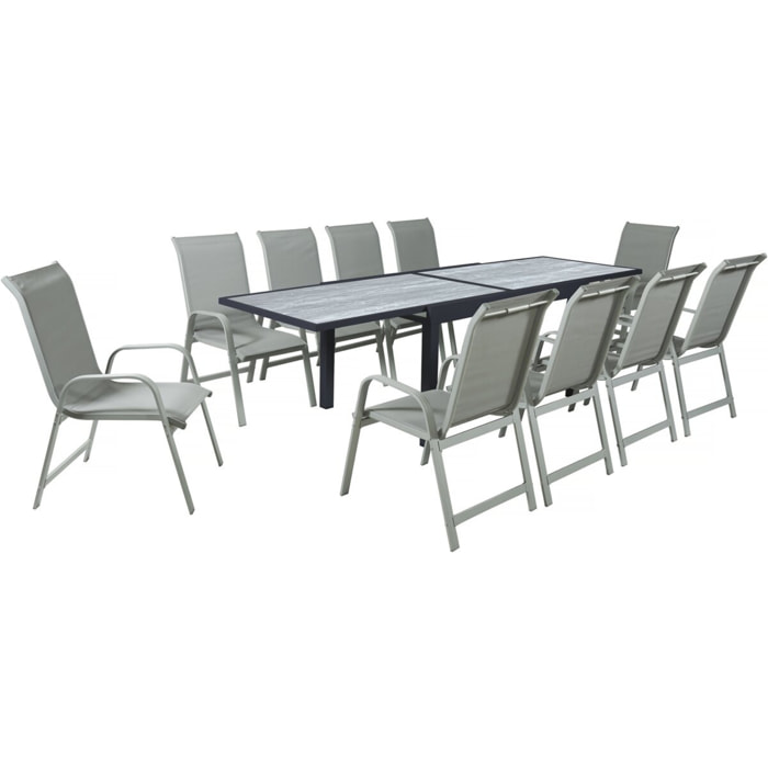 Table extensible et chaises de jardin en aluminium "Lagos" - 140/280 x 90 x 76 cm - 10 places - Gris clair