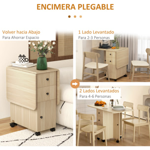 Mesa Plegable de Comedor Mesa de Cocina Plegable con Ruedas Alas Abatibles Cajones y Armario Mesa Plegable para 4-6 Personas 120x60x76,5 cm Natural