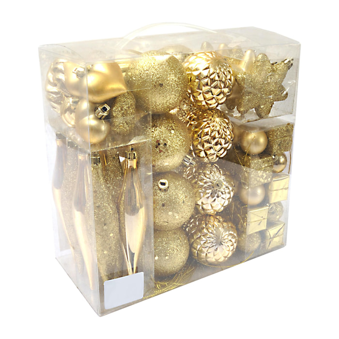 Box 80 pezzi decorazioni natalizie multi-forma, Ornamenti, Set assortimento palline di Natale, Scatola set albero di Natale, colore Oro, Da 3 a 7 cm