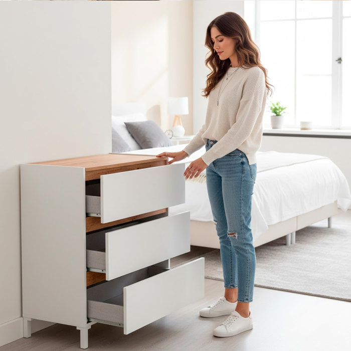 Cassettiera Stile Nordico A 3 Cassetti Gambe Rialzate E Guide Metalliche Mobile Camera Letto Design Moderno 79 x 90.5 x 41 Cm Colore Bianco E Rovere