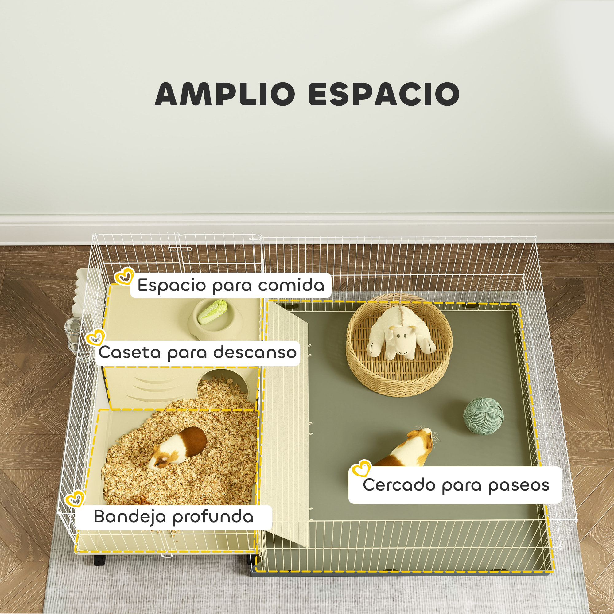 Jaula para Animales Pequeños con Corral Desmontable Jaula para Roedores con Ruedas Rampas Cuenco Botella de Agua y Dispensador de Heno 108x71x57 cm Beige