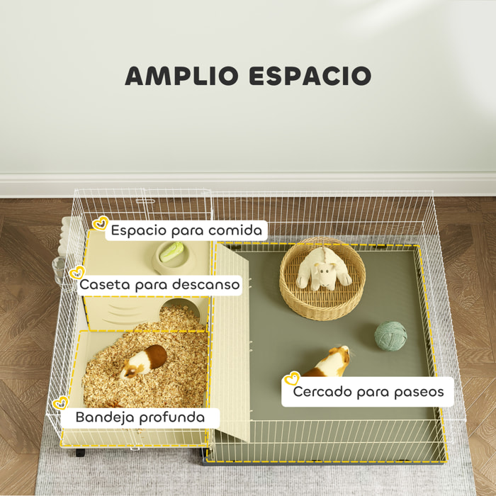 Jaula para Animales Pequeños con Corral Desmontable Jaula para Roedores con Ruedas Rampas Cuenco Botella de Agua y Dispensador de Heno 108x71x57 cm Beige