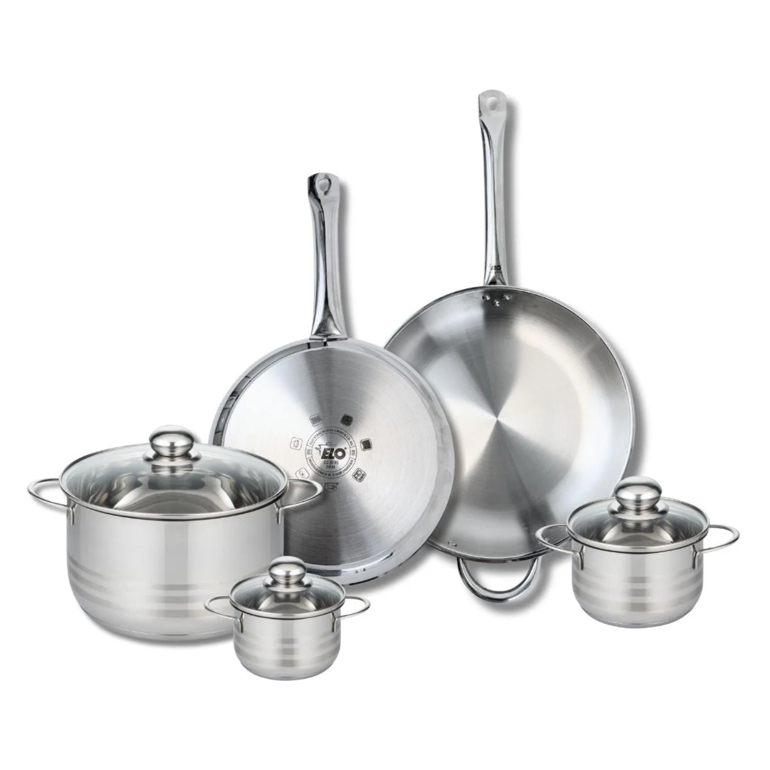 Ensemble de 2 Poêles de cuisson 28 et 32 cm et 3 faitouts 12, 14 et 24 cm Elo Profi Brillant