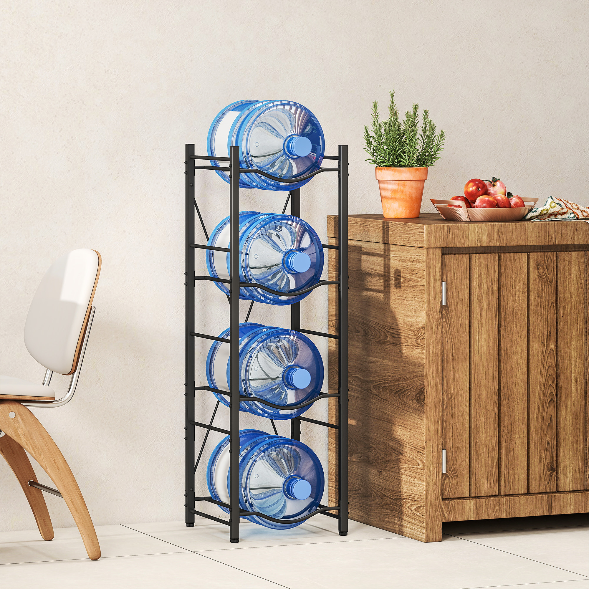 Soporte para Garrafones de Agua de 4 Niveles Estante de Almacenamiento para Botellas de Agua con Estructura de Metal Reforzada para Cocina Comedor Sala de Estar Negro