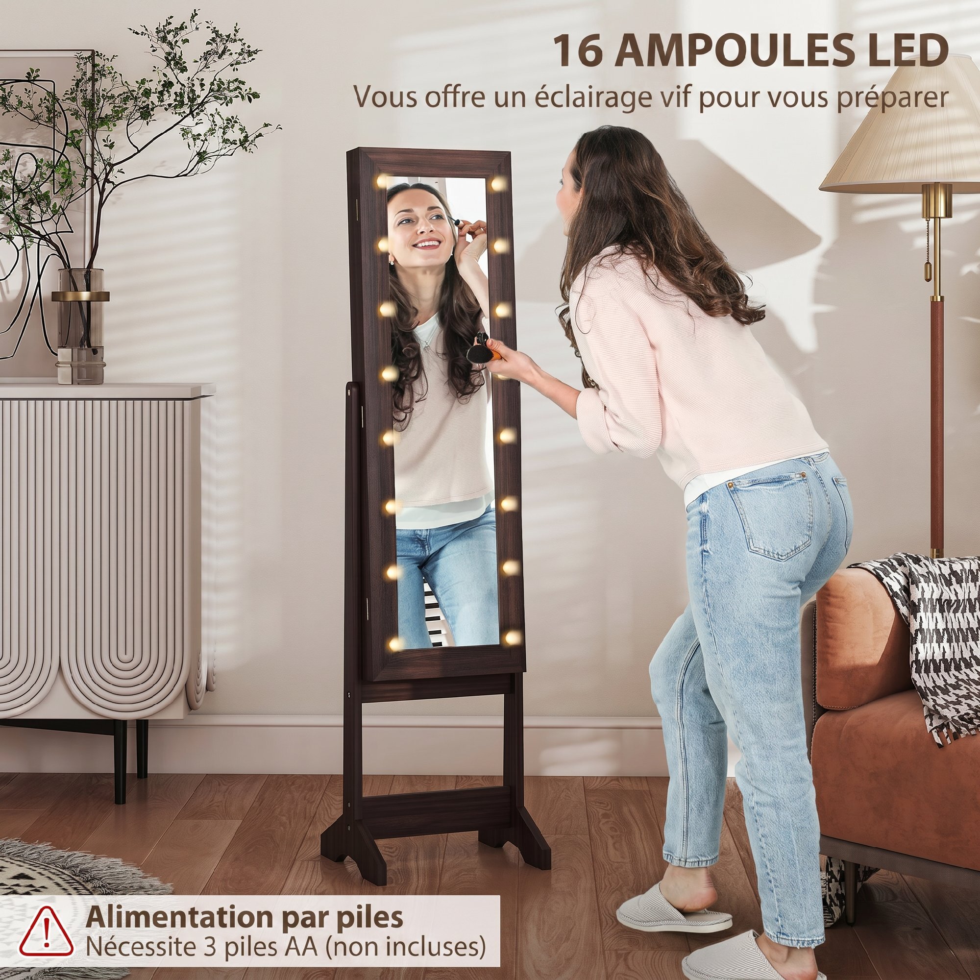 Armoire à bijoux sur pieds avec miroir multi-rangement éclairage LED effet bois wengé