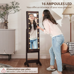 Armoire à bijoux sur pieds avec miroir multi-rangement éclairage LED effet bois wengé