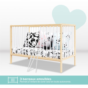 Lit Bébé Évolutif Mathis 60x120 cm, Couleur Bois Naturel & Blanc, Sommier Réglable 3 Hauteurs, Barreaux Amovibles, Lit Bébé Bois Massif