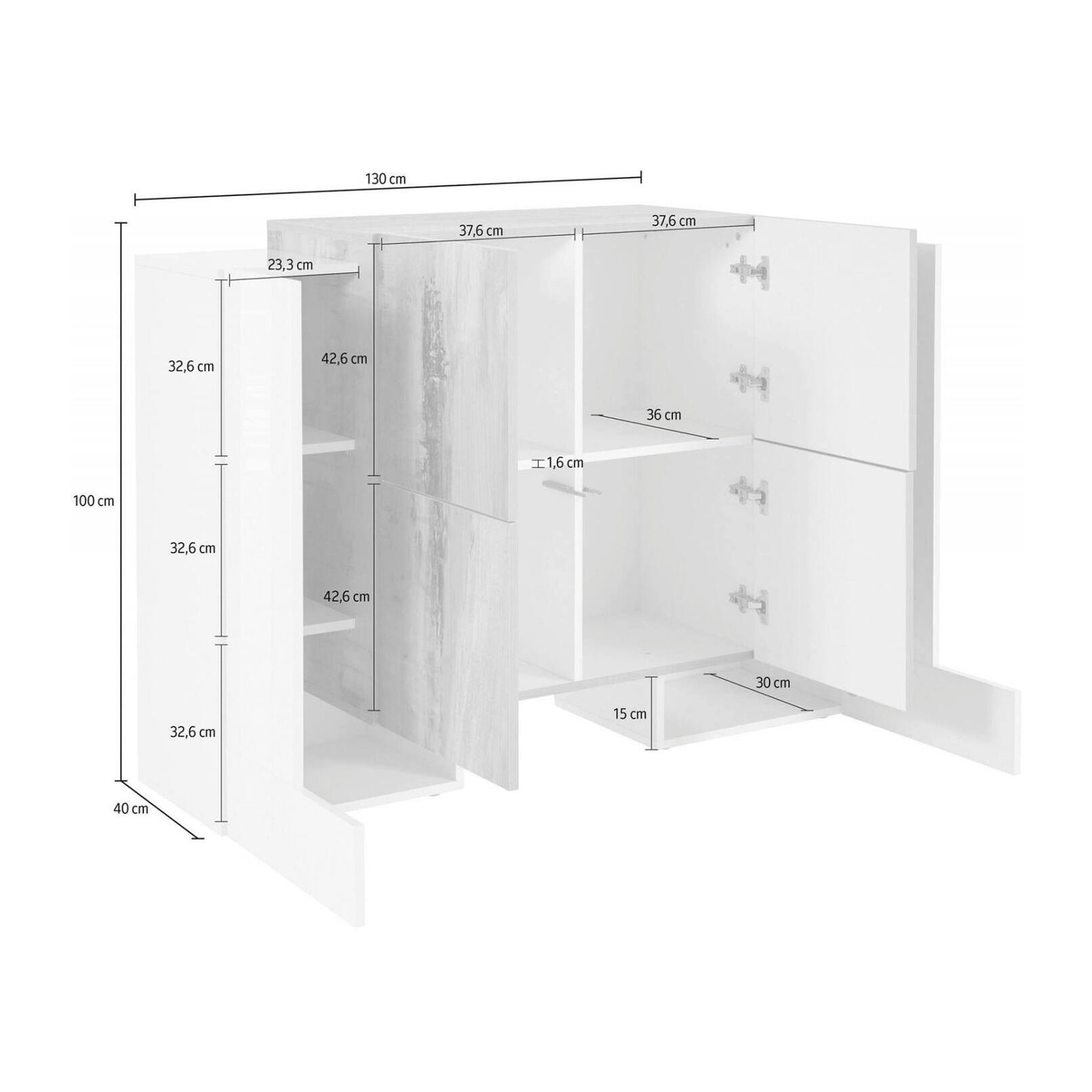 Credenza moderna di design a 6 antine battenti, Made in Italy, Buffet da cucina, Madia con scaffali da cucina, cm 130x45h100, colore Bianco lucido