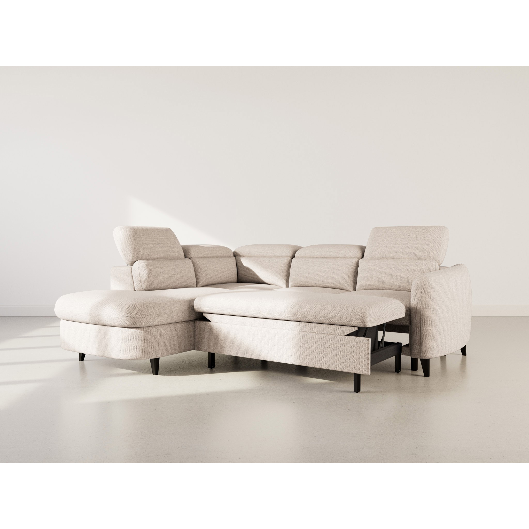 Opaline - Canapé d'angle gauche 5 places convertible avec têtières et coffre en tissu texturé - Beige