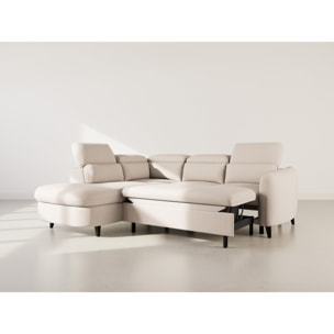 Opaline - Canapé d'angle gauche 5 places convertible avec têtières et coffre en tissu texturé - Beige