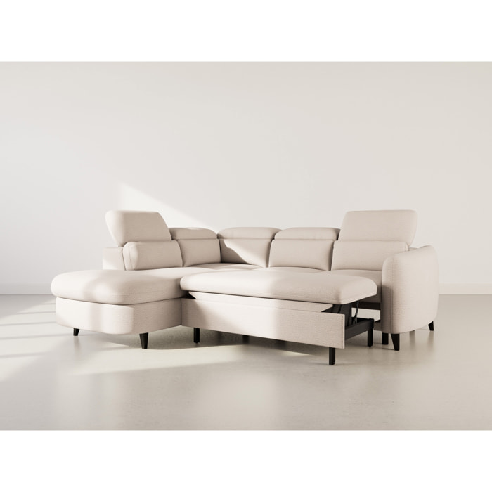 Opaline - Canapé d'angle gauche 5 places convertible avec têtières et coffre en tissu texturé - Beige