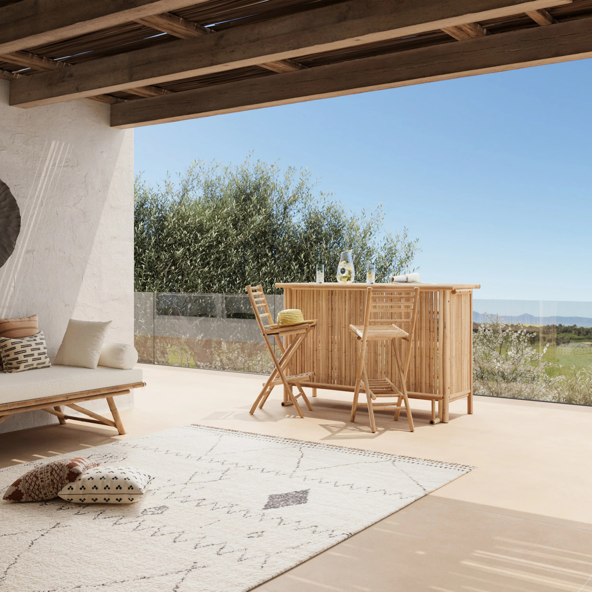 Ensemble bar et chaise de bar de jardin en bambou (lot de 2) - Vadella