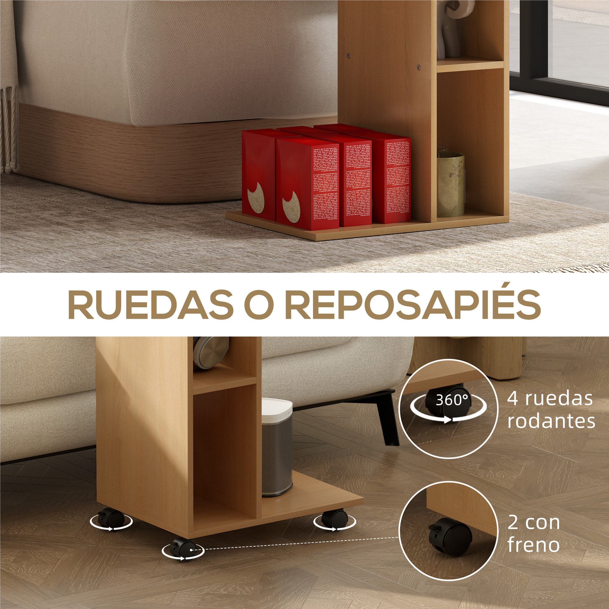 Mesa Auxiliar Multifuncional en Forma de C Mesa Auxiliar para Sofá con Ruedas Compartimentos Abiertos Mesa Auxiliar para Salón Dormitorio Oficina 40x30x69 cm Roble