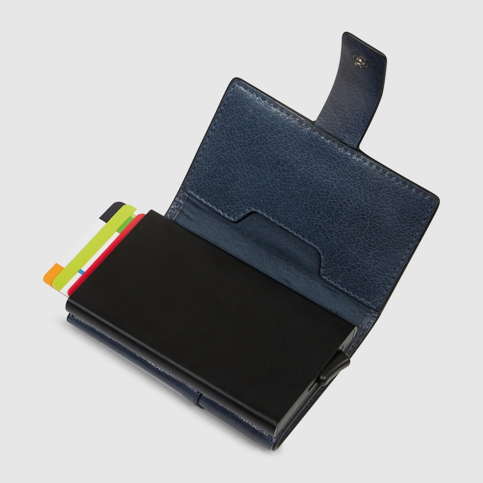 Piquadro Portacarte automatico in metallo e pelle, schermato con protezione RFID