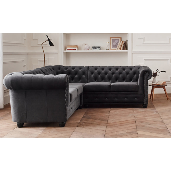 William - canapé Chesterfield d'angle réversible - 5 places - en velours - Gris foncé