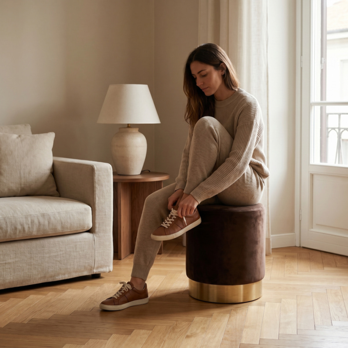 Pouf cilindrico in velluto con base dorata, sgabello imbottito elegante e resistente, seduta compatta salvaspazio, ideale per salotto camera ingresso e toeletta, design moderno glamour e versatile