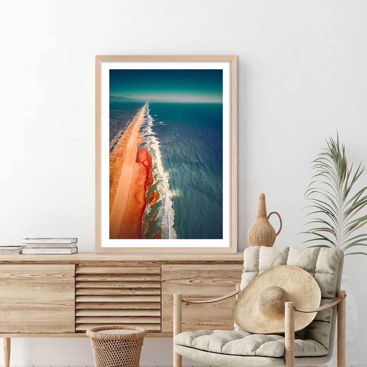 Affiche sentier de plage et banc de sable Affiche + cadre en bois - Chêne