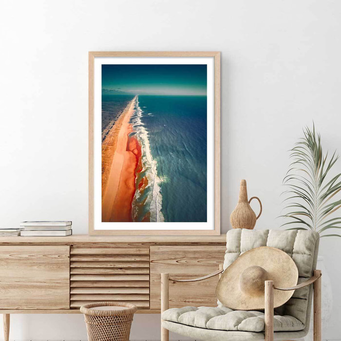 Affiche sentier de plage et banc de sable Affiche + cadre en bois - Chêne