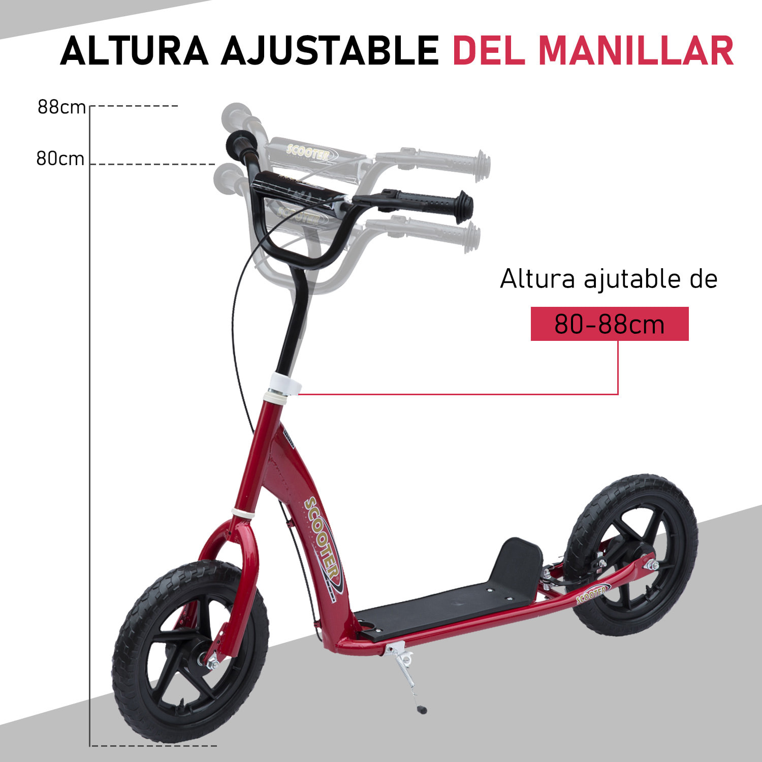 Patinete para Niños con Ruedas Grandes Freno Manillar Ajustable en Altura Rojo