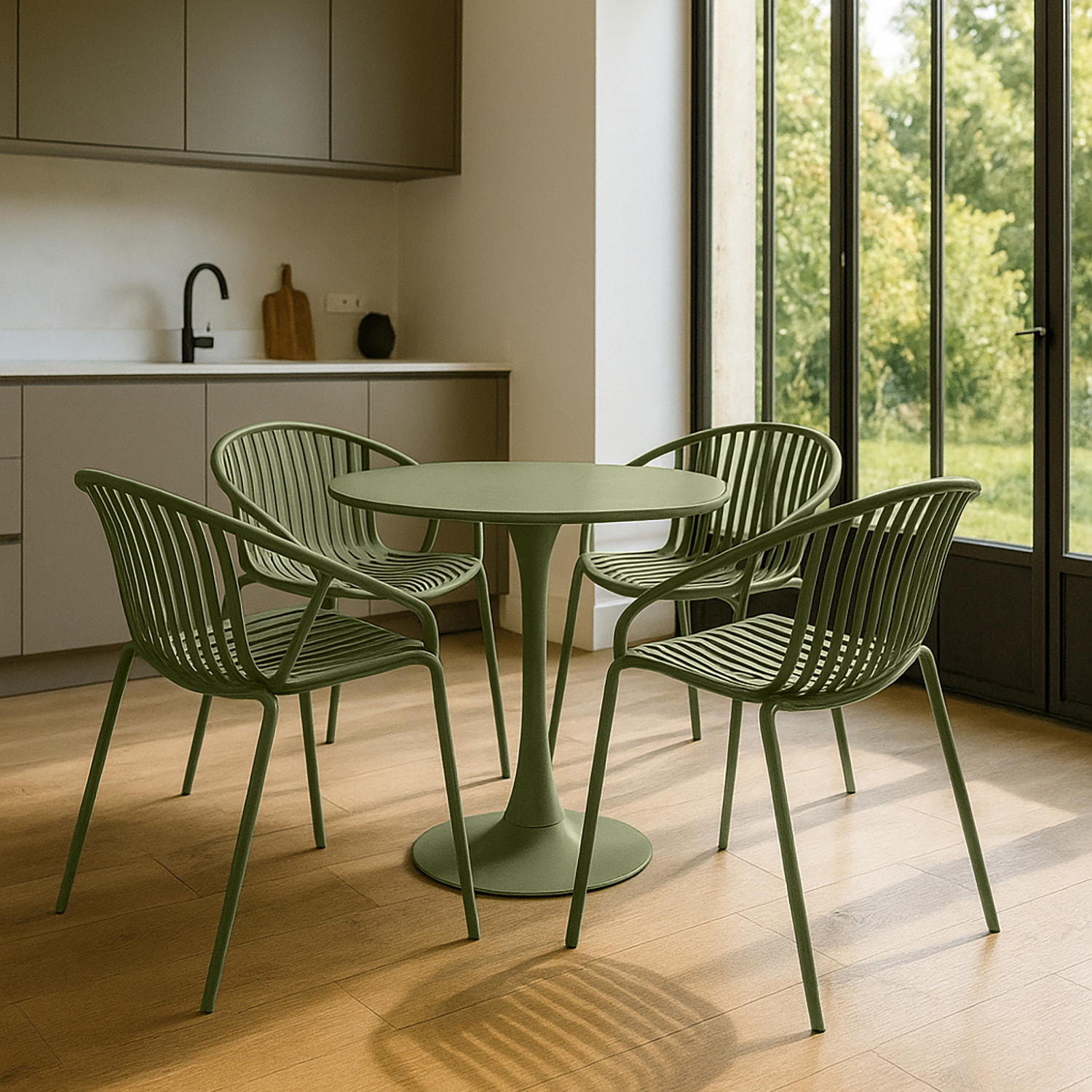 Ensemble de repas table et 4 fauteuils en polypropylène vert CALYPSO
