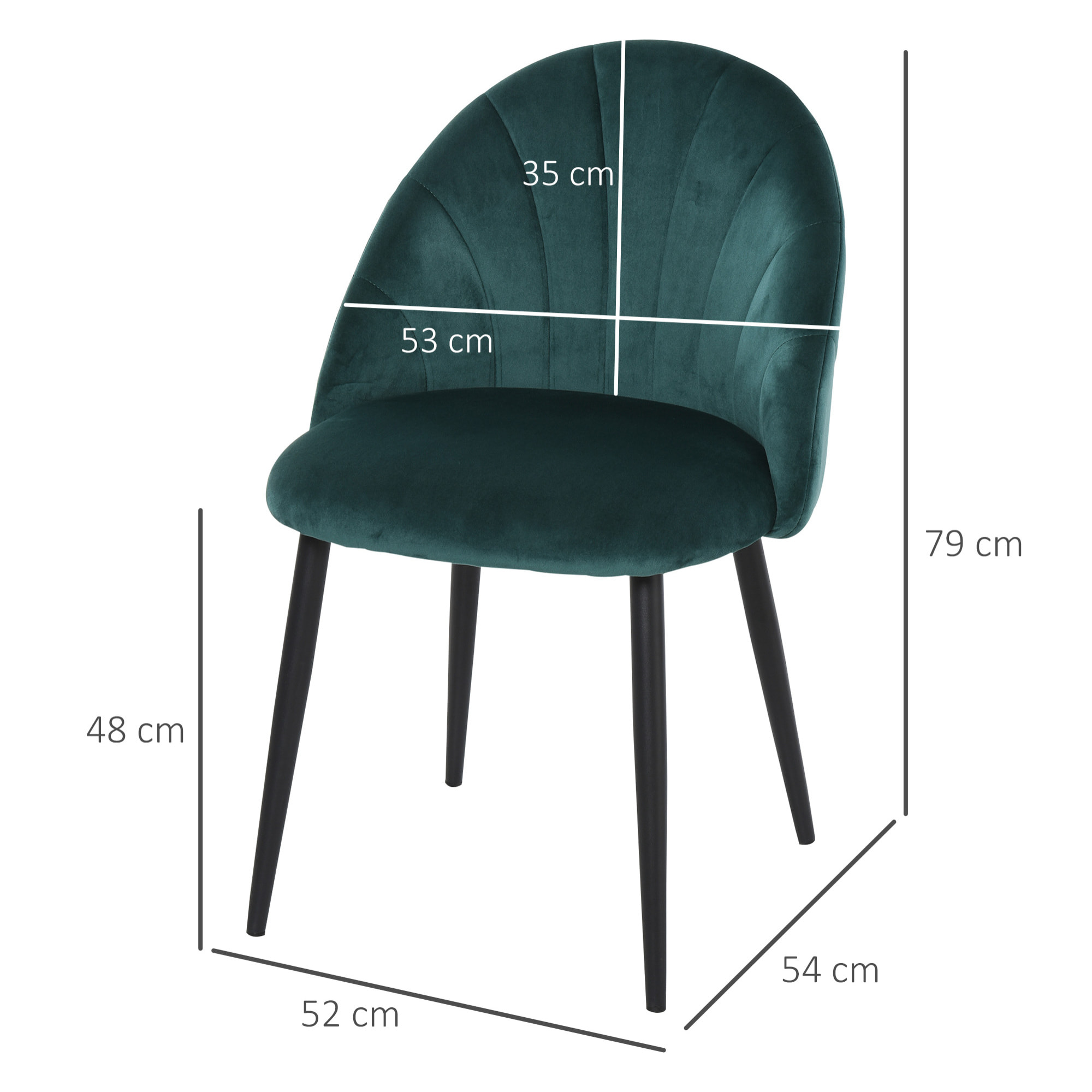 Lot de 2 chaises velours vert pieds métal noir dim. 52L x 54l x 79H cm