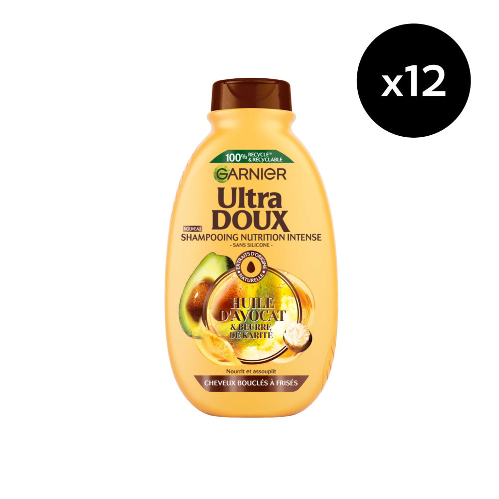 Lot de 12 - Garnier Ultra Doux Pure Huile d'Avocat & Beurre de Karité Shampooing Nourrissant 300ml - Homme & Femme