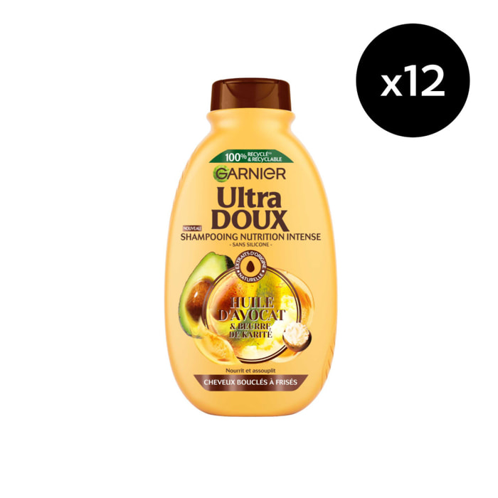 Lot de 12 - Garnier Ultra Doux Pure Huile d'Avocat & Beurre de Karité Shampooing Nourrissant 300ml - Homme & Femme