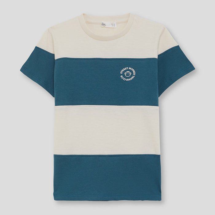 Camiseta de Manga Corta con Rayas Anchas en Bloques y Logo Bordado Estilo Casual | Color: Verde azulado | Street Monkey