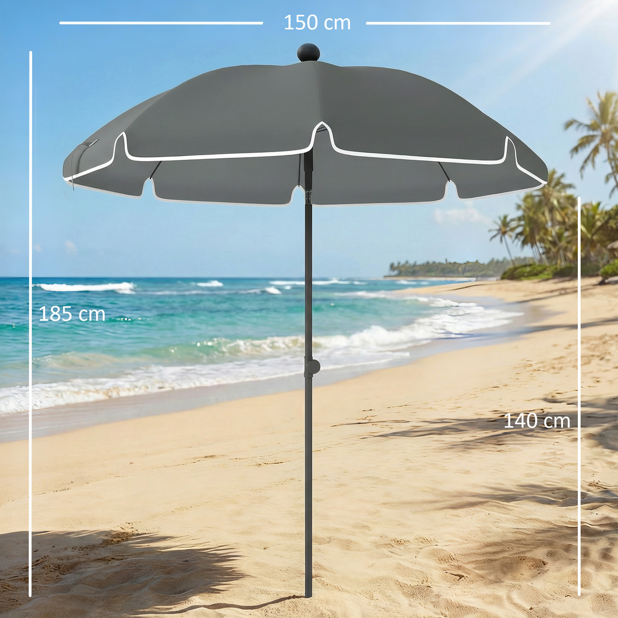 Parasol de plage inclinable dia. 1,5 m lambrequin vagues douces liseret blanc gris