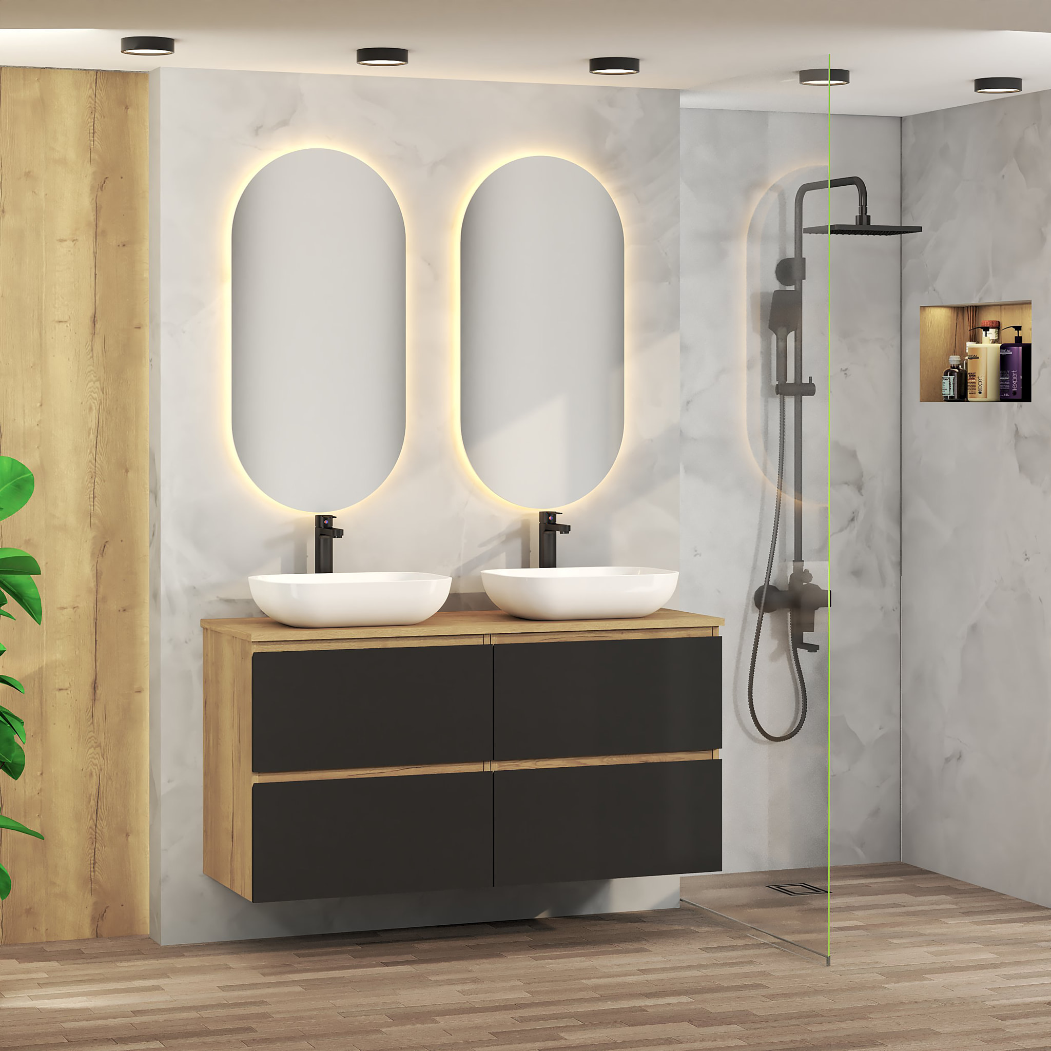 Conjunto de Baño Nia | Mueble Suspendido | 120 cm Negro | Cuatro Cajones | Lavabo Sobrepuesto | No incluye Espejo | Mueble Montado| Alday