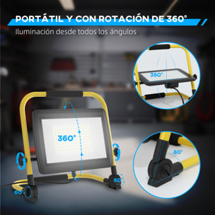 Foco LED Recargable con Cabezas y Soporte Ajustables 100 W 8500 Lúmenes IP65 6500K Foco Proyector Led Resistente a la Intemperie Portátil con Asa para Interior y Exterior Amarillo y Negro