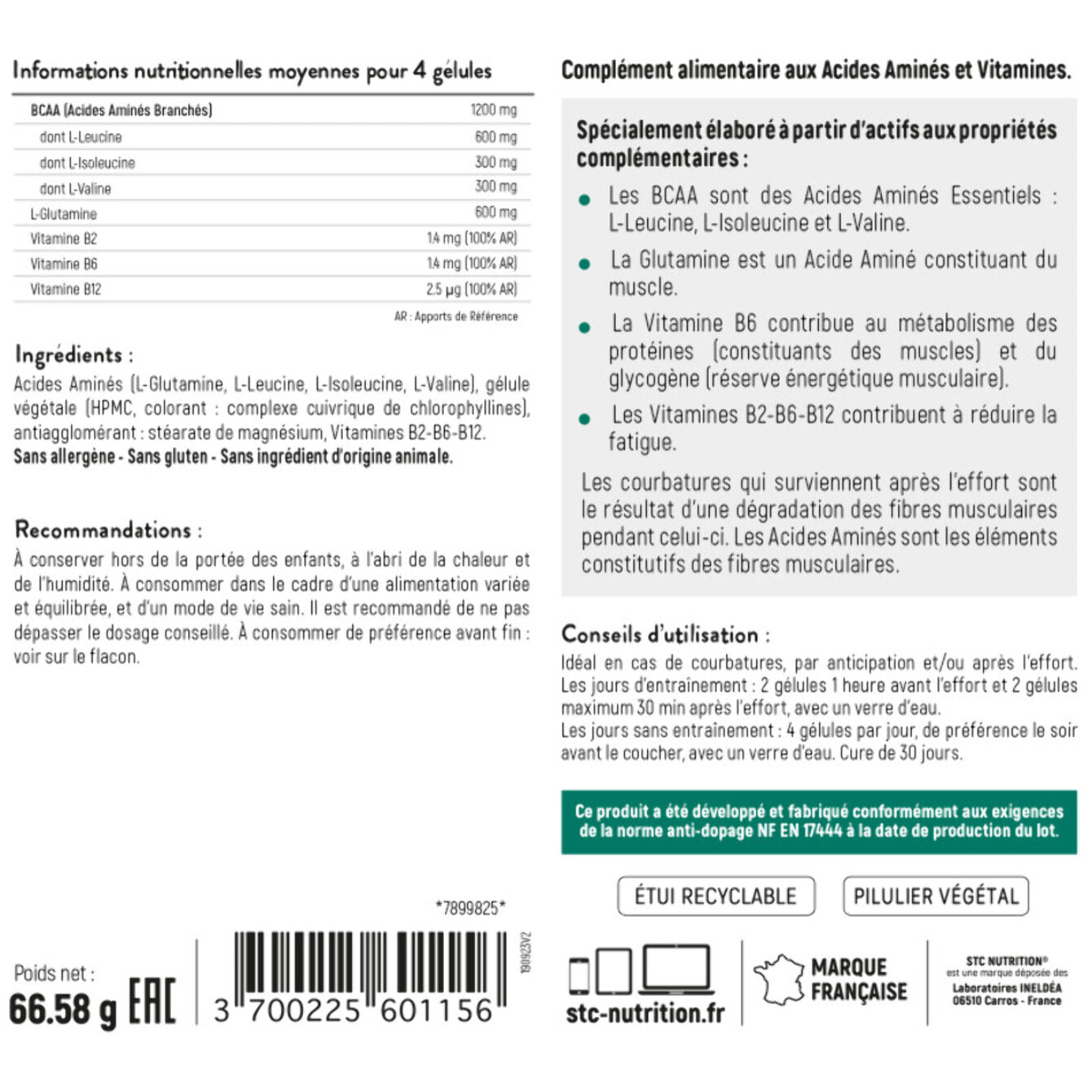 STC NUTRITION - BCAA Synergy+ - Complément alimentaire riche en acides aminés branchés - Augmente la résistance à l'effort - Réduit la fatigue musculaire - Limite les courbatures - Lot de 3 piluliers