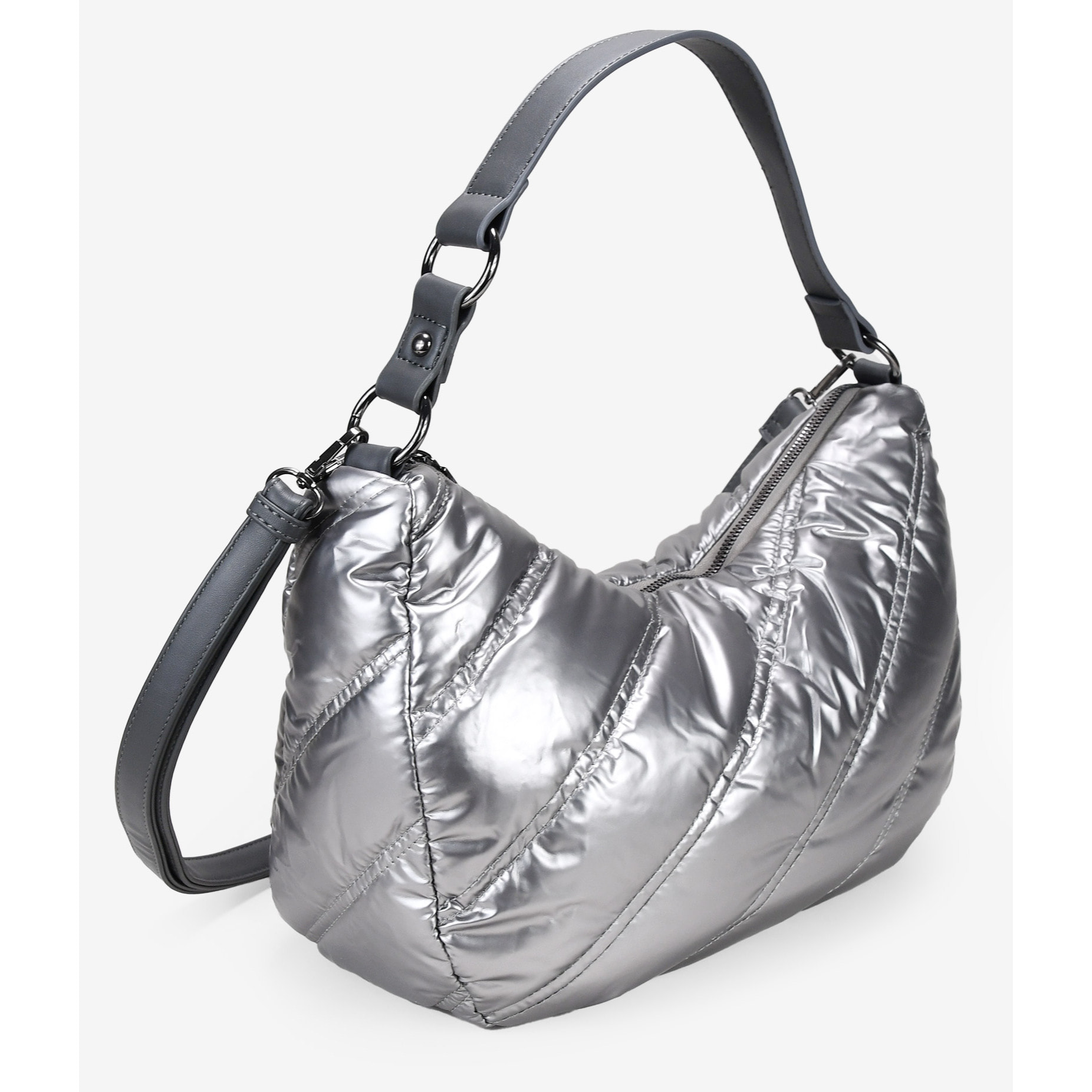 Bolso de hombro media luna plomo con cosido acolchado