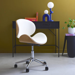 Chaise de bureau à roulettes bois courbé avec placage effet chêne et assise blanche