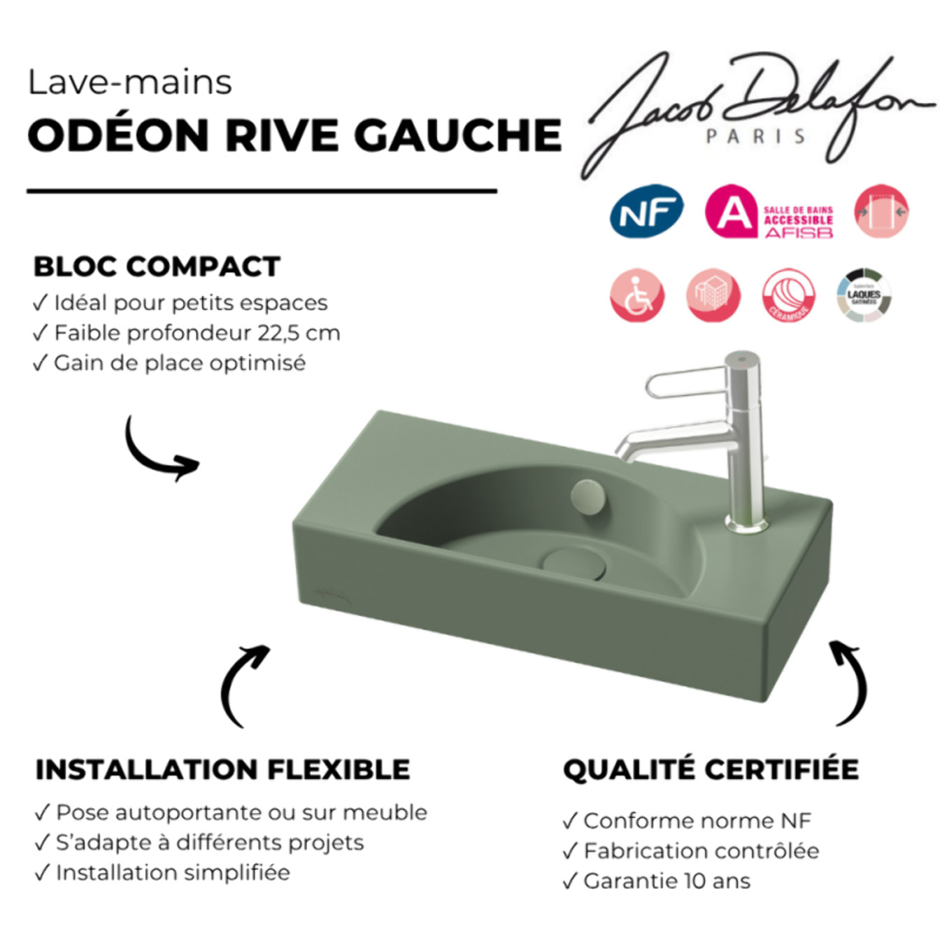 Lave-mains compact 50 cm Odéon Rive Gauche 1 trou de robinetterie à droite Kaki satiné