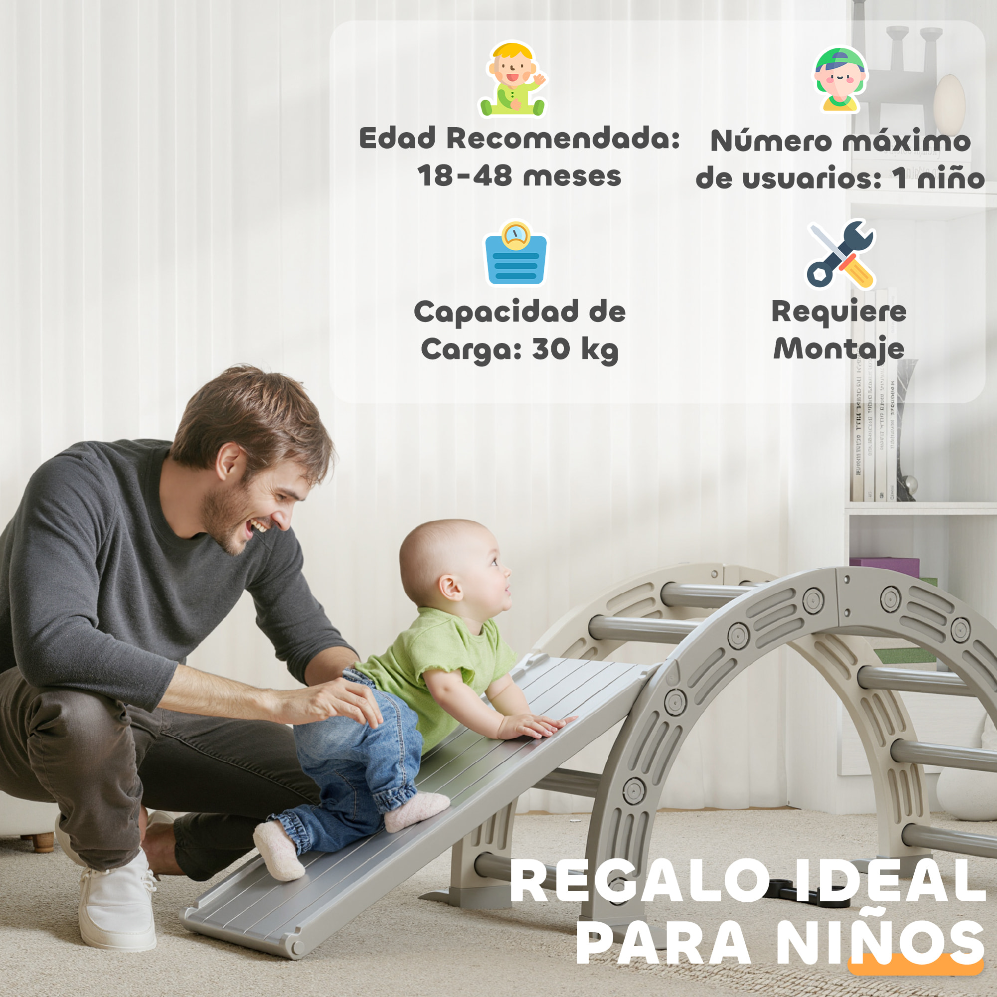 Juguete de Escalada para Niños 4 en 1 con Arco de Escalada, Mecedora, Rampa y Tobogán, Juguete de Plástico para Niños de 18-48 Meses, para Interior y Exterior, Gris y Blanco