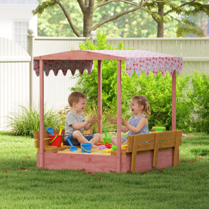 Bac à sable enfant couvercle siège pliable auvent bois rose