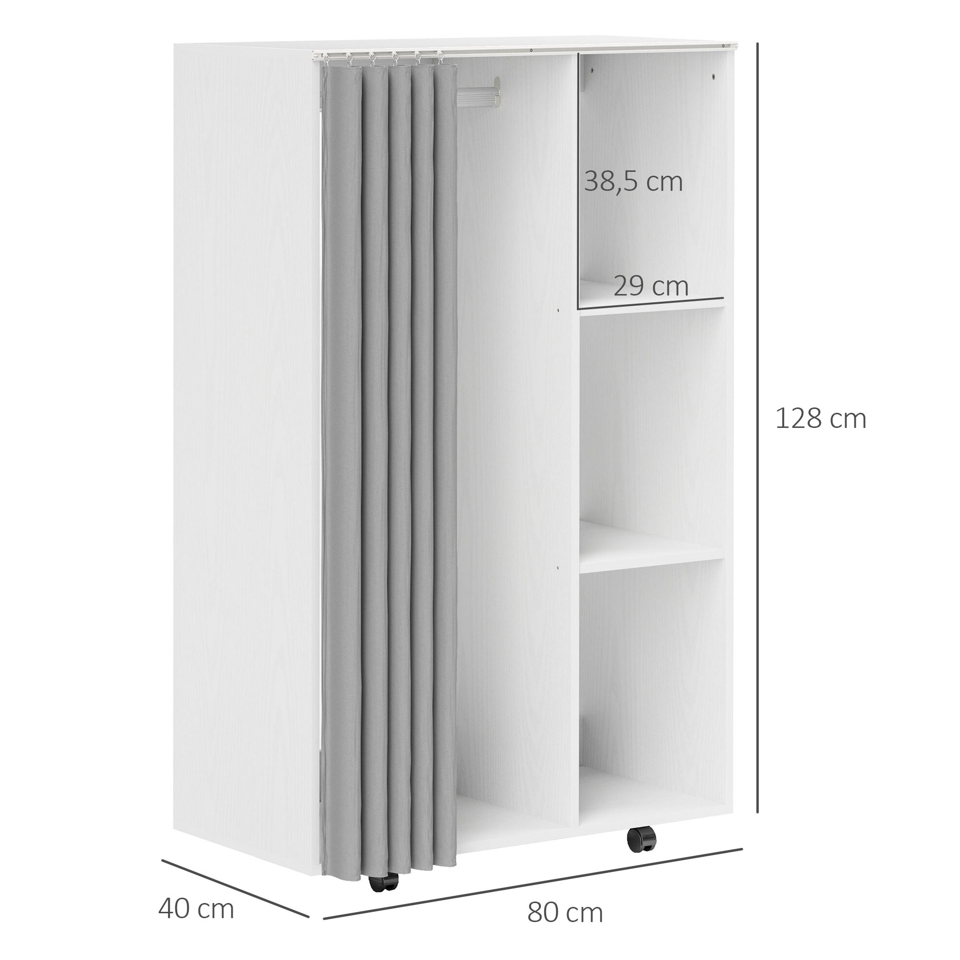 HOMCOM Armario Ropero con Ruedas, Armario para Ropa con Cortina, Barra para Colgar, 3 Estantes Abiertos, para Dormitorio, 80x40x128 cm, Blanco