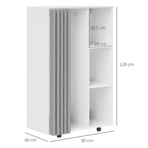 HOMCOM Armario Ropero con Ruedas, Armario para Ropa con Cortina, Barra para Colgar, 3 Estantes Abiertos, para Dormitorio, 80x40x128 cm, Blanco